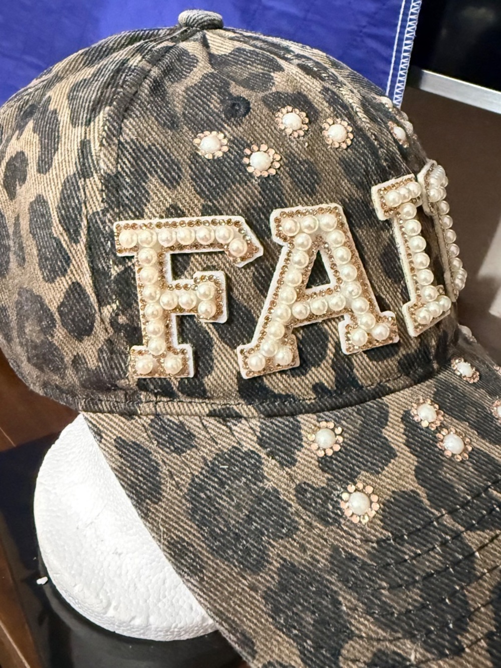 Faith Pearl & Rhinestone Leopard Print Cap - Picture 3 of 3